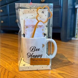 Bee Happy White Ceramic Mug Gift Set with Yellow Flower Pen